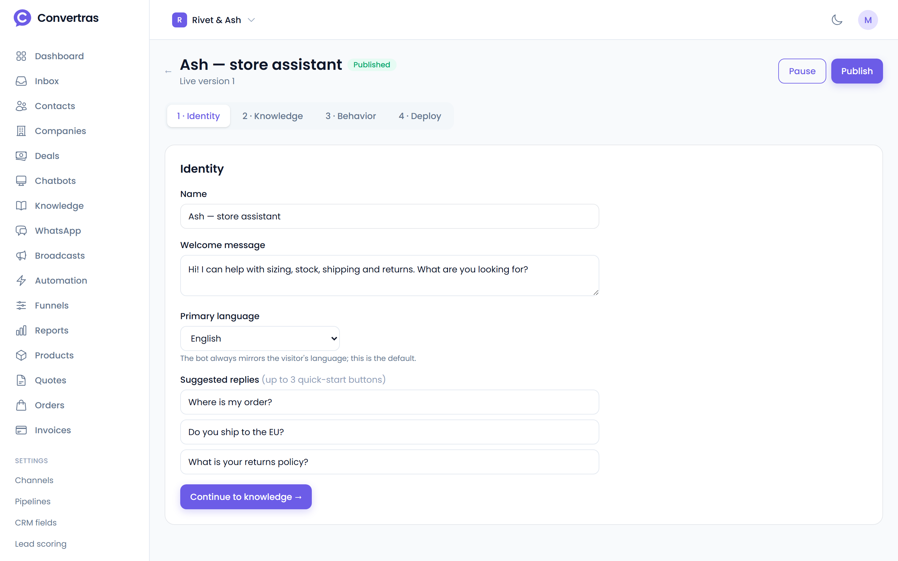 The ai assistants screen in Convertras