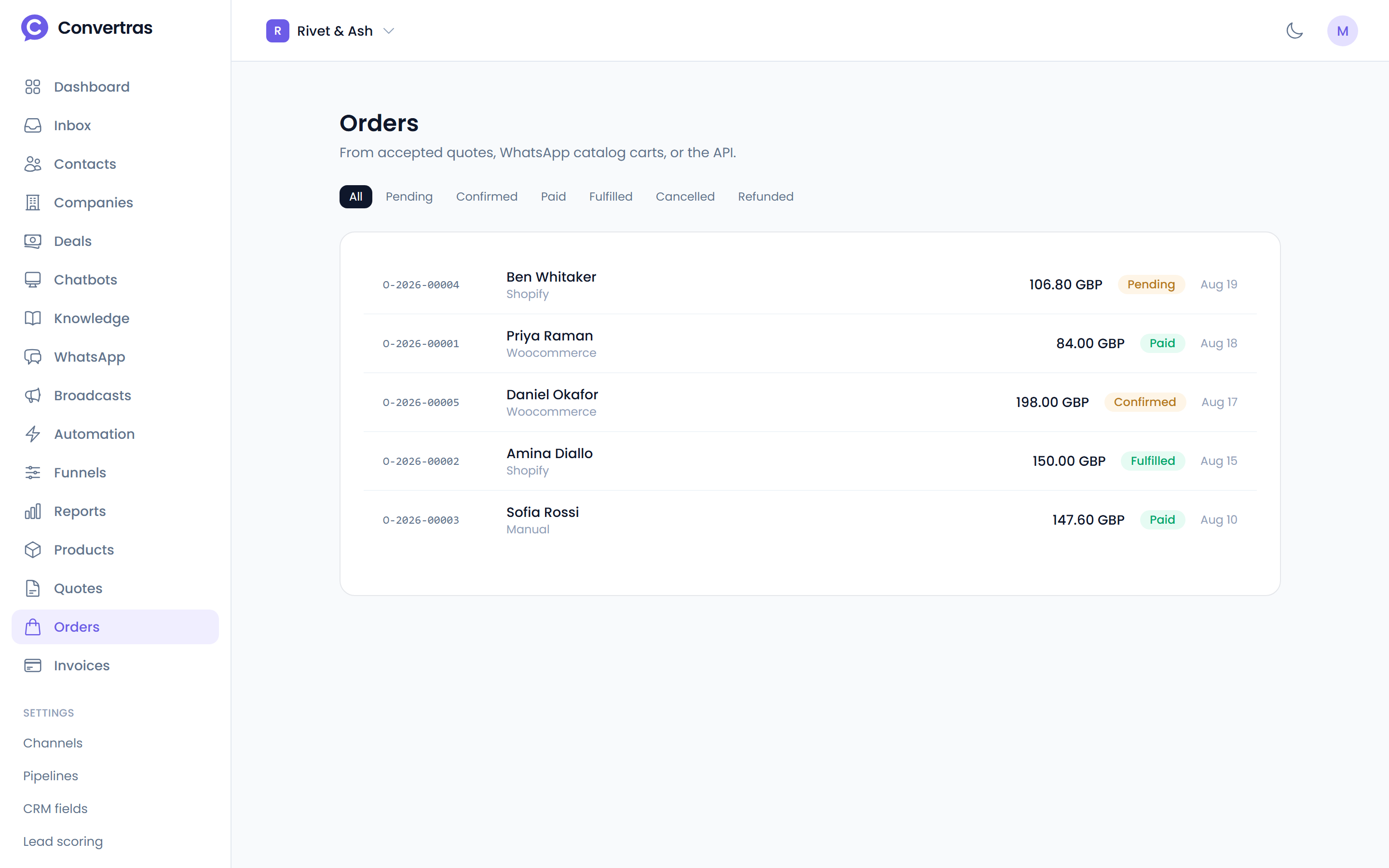 The commerce screen in Convertras