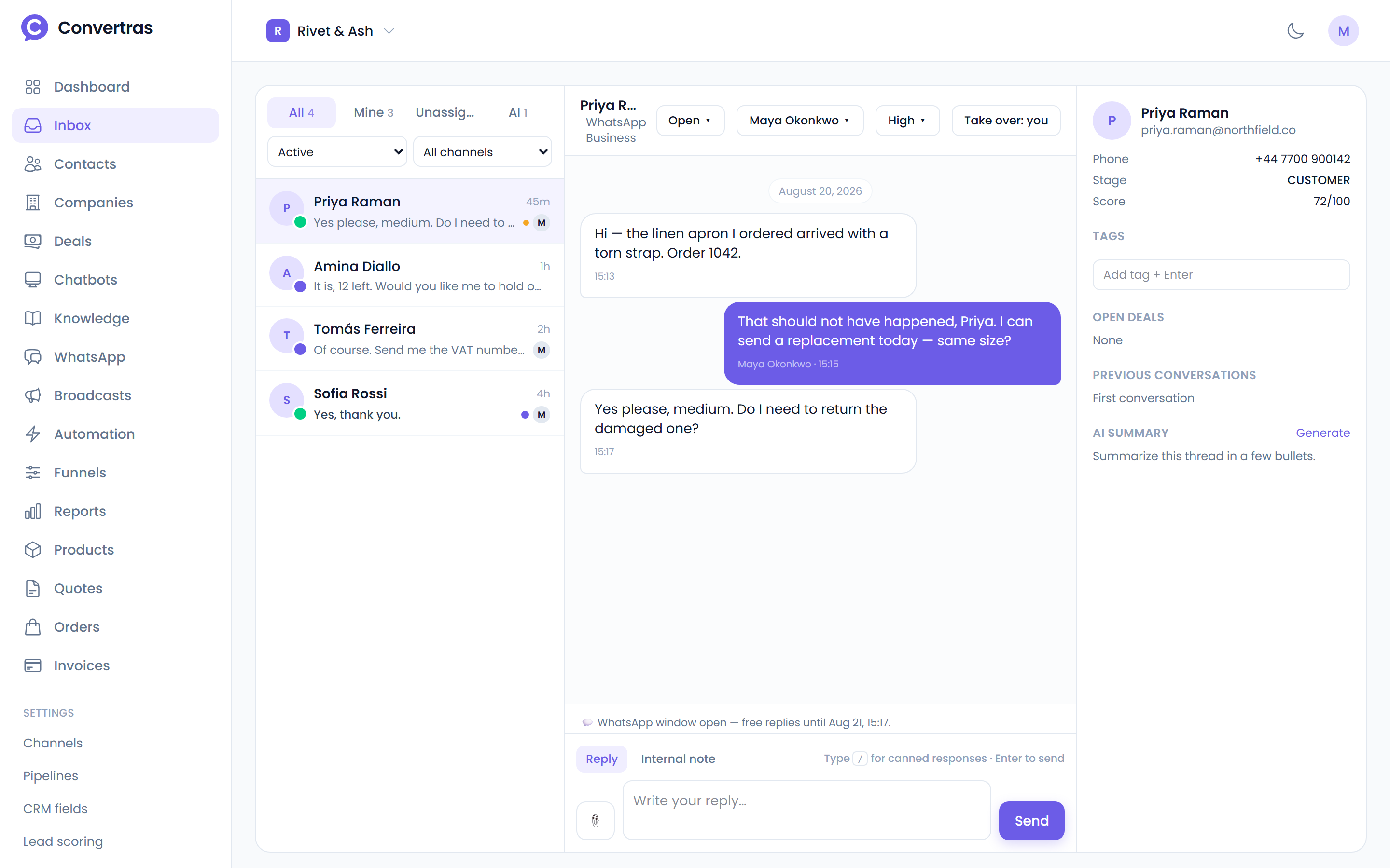 The shared inbox screen in Convertras