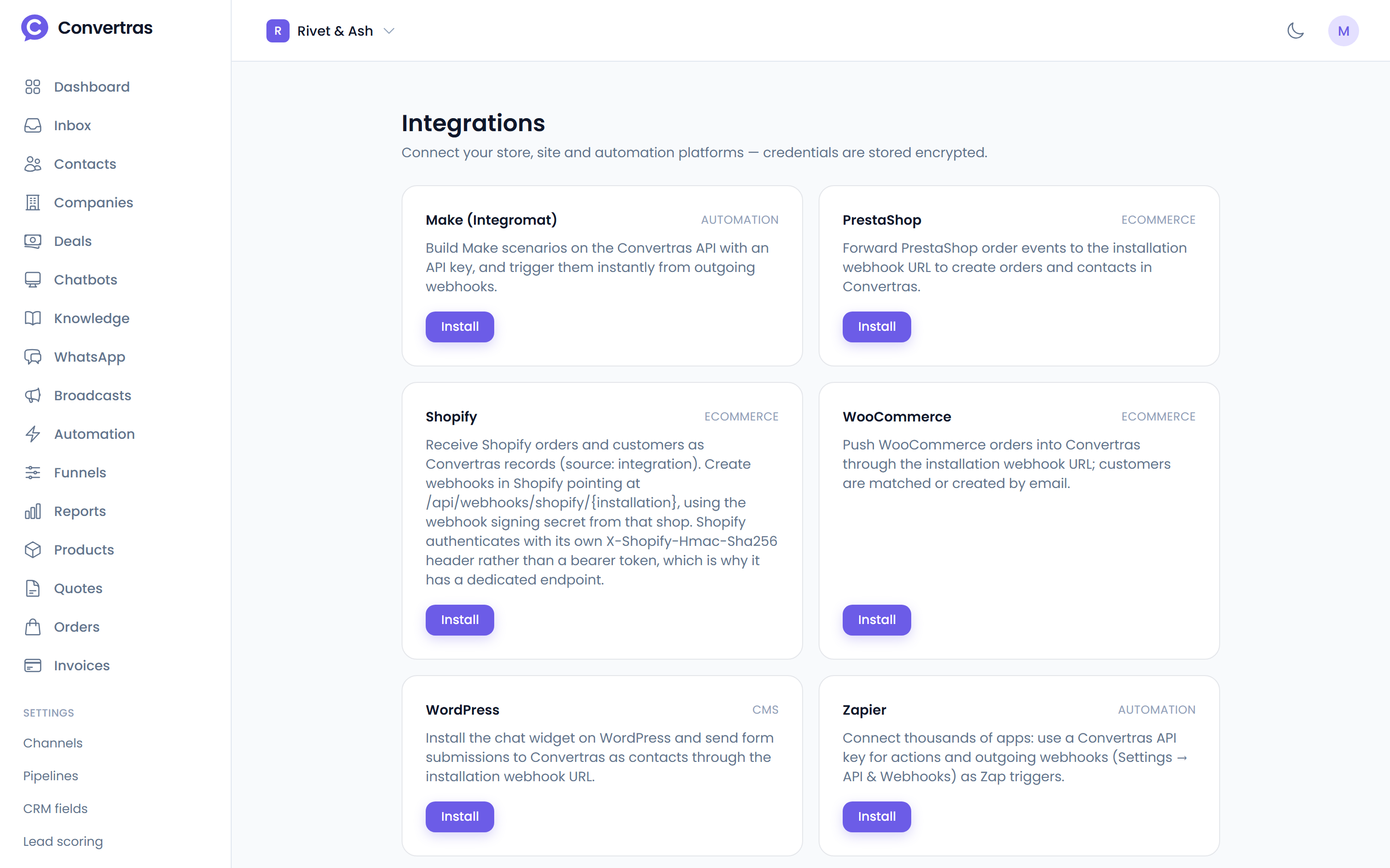 The integrations screen in Convertras